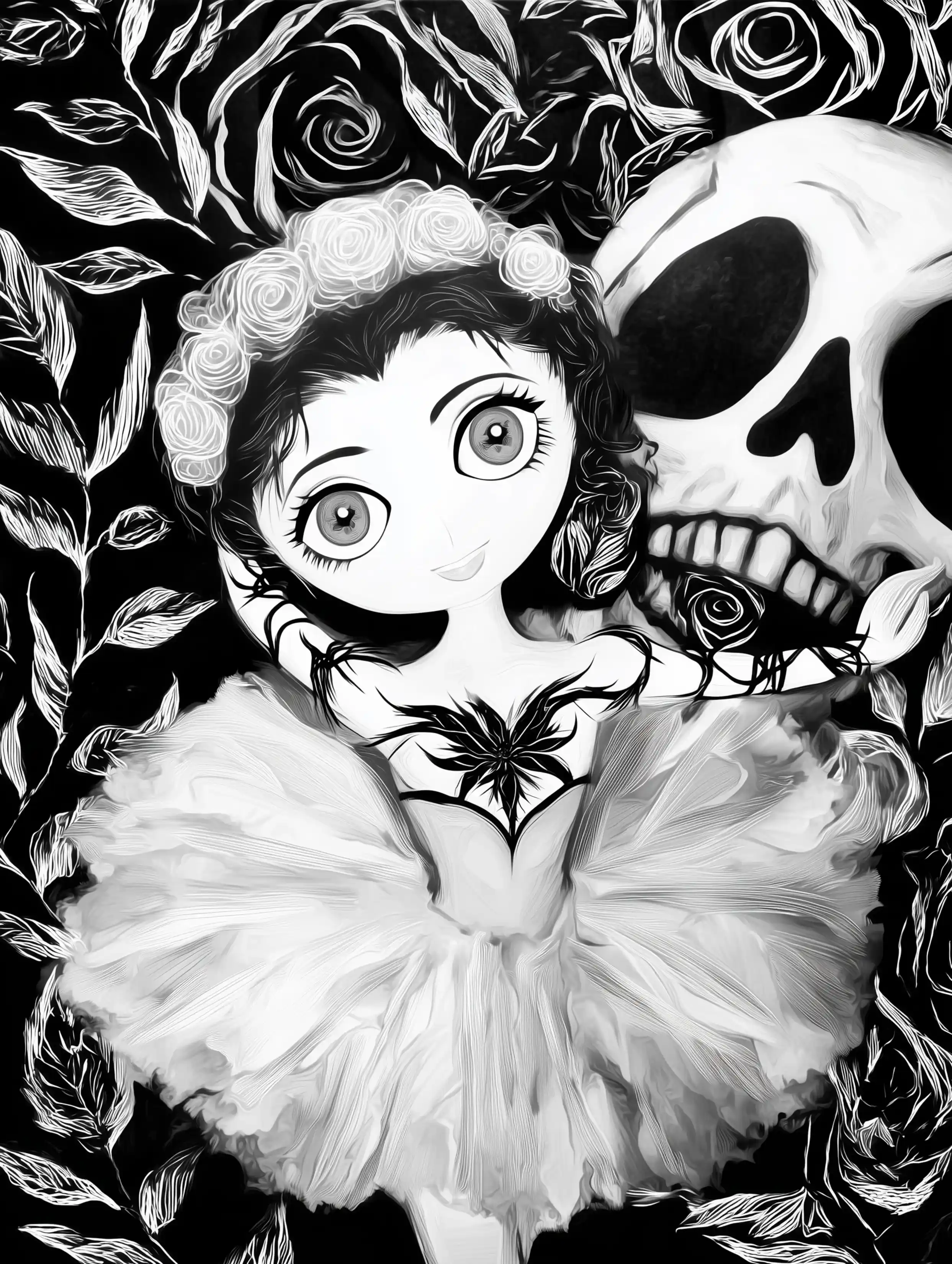 Free ballerina coloring page for adults featuring big skull behind ballerina